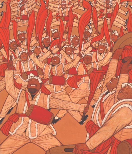 <h2>《安塞腰鼓》</h2><p>作者：李传真</p><p>创作年代：2021年</p><p>规格：240cm×200cm </p><p>品类：纸本设色</p>